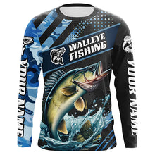 Load image into Gallery viewer, Personalized Blue Camo Walleye Fishing Jerseys, Walleye Long Sleeve Tournament Fishing Shirts IPHW6330