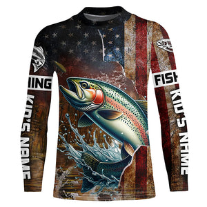 Custom Rainbow Trout Long Sleeve Fishing Shirts For Men, Patriotic Amerian Flag Trout Fishing Shirt IPHW6890