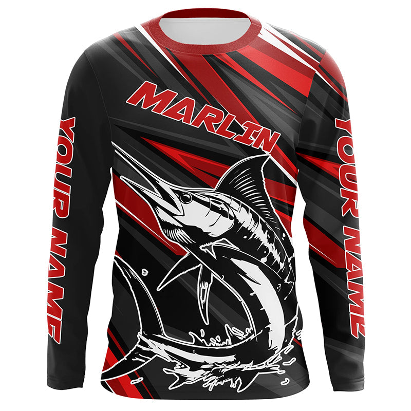 Black And Red Marlin Fishing Jerseys, Custom Marlin Long Sleeve Performance Fishing Shirts IPHW6900