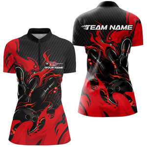 Black And Red Custom Flame Bowling Shirts For Women, Bowling League Shirts Team Uniform IPHW7695