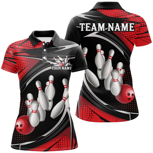 Black And Red Custom Bowling Team Shirts For Women, Bowling League Shirt Bowlers Outfits IPHW7698