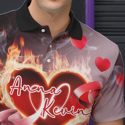 Custom Valentines Day Couple Bowling Polo Shirts For Men, Roses And Flame Bowling For Lovers IPHW8340
