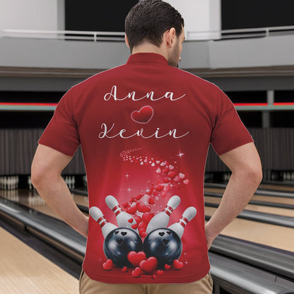 Custom Red Valentine Bowling Quarter-Zip Shirts For Men, Valentines Day Couple Bowling Outfits  IPHW8348