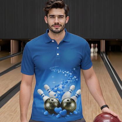 Custom Blue Valentine Bowling Polo Shirts For Men, Valentines Day Couple Bowling Outfits  IPHW8349