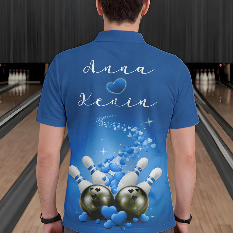Custom Blue Valentine Bowling Polo Shirts For Men, Valentines Day Couple Bowling Outfits  IPHW8349