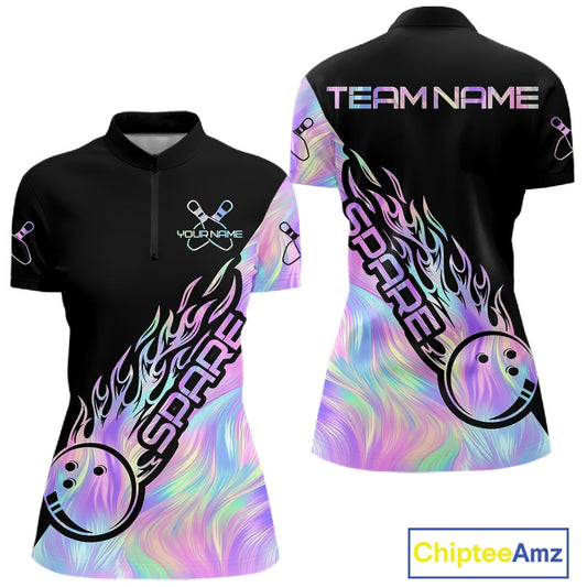 Custom Holographic Flame Spare Bowling Women Shirts, Bowling Team League Jerseys IPHW10688