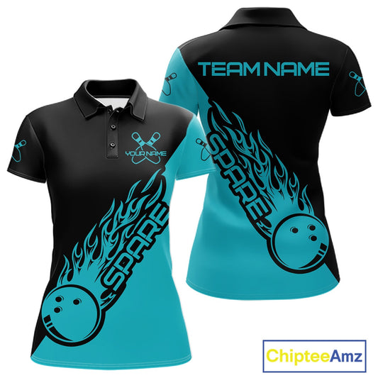 Custom Black And Blue Flame Spare Bowling Women Shirts, Bowling Team League Jerseys IPHW10689