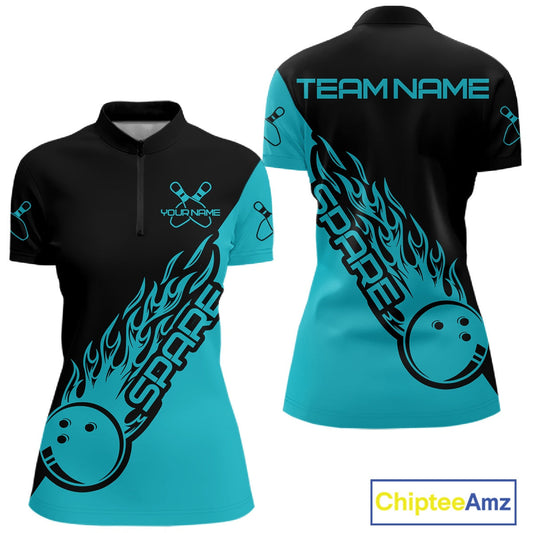 Custom Black And Blue Flame Spare Bowling Women Shirts, Bowling Team League Jerseys IPHW10689