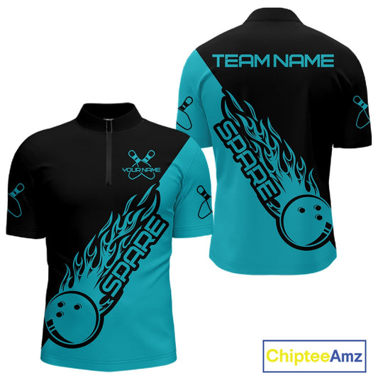 Custom Black And Blue Flame Spare Bowling Men Shirts, Bowling Team League Jerseys IPHW10689