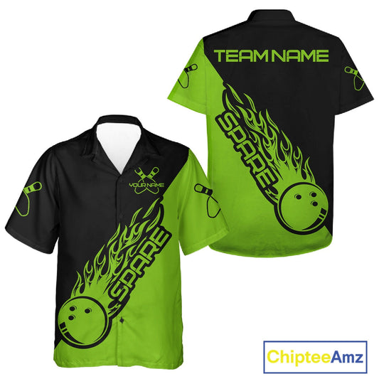 Custom Black And Green Flame Spare Bowling Men And Women Shirts, Bowling Team League Jerseys IPHW10690