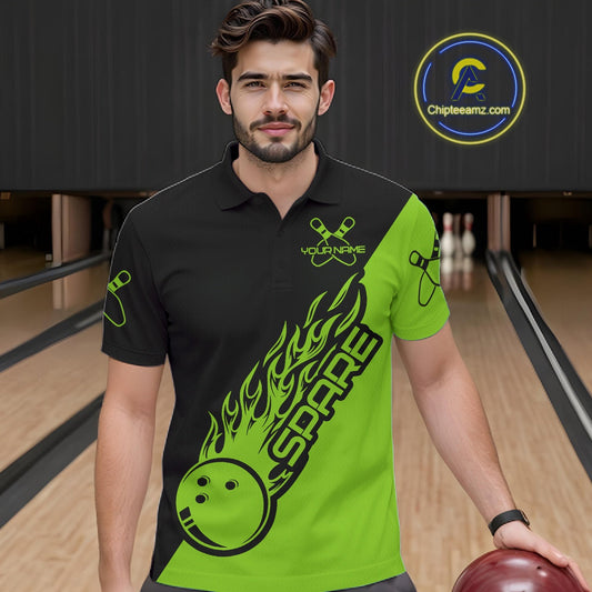 Custom Black And Green Flame Spare Bowling Men Shirts, Bowling Team League Jerseys IPHW10690