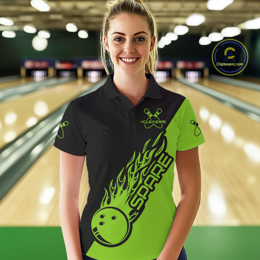Custom Black And Green Flame Spare Bowling Women Shirts, Bowling Team League Jerseys IPHW10690