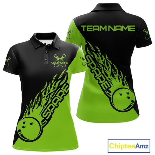 Custom Black And Green Flame Spare Bowling Women Shirts, Bowling Team League Jerseys IPHW10690