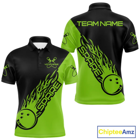 Custom Black And Green Flame Spare Bowling Men Shirts, Bowling Team League Jerseys IPHW10690