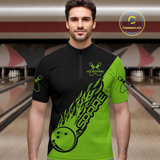 Custom Black And Green Flame Spare Bowling Men Shirts, Bowling Team League Jerseys IPHW10690
