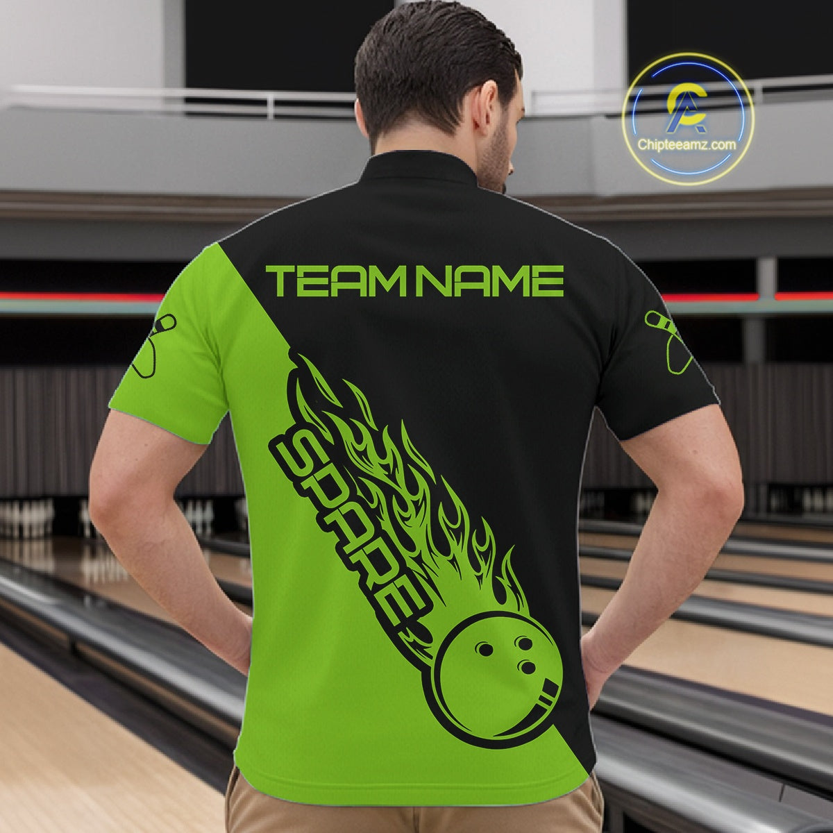 Custom Black And Green Flame Spare Bowling Men Shirts, Bowling Team League Jerseys IPHW10690