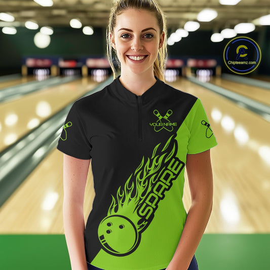 Custom Black And Green Flame Spare Bowling Women Shirts, Bowling Team League Jerseys IPHW10690