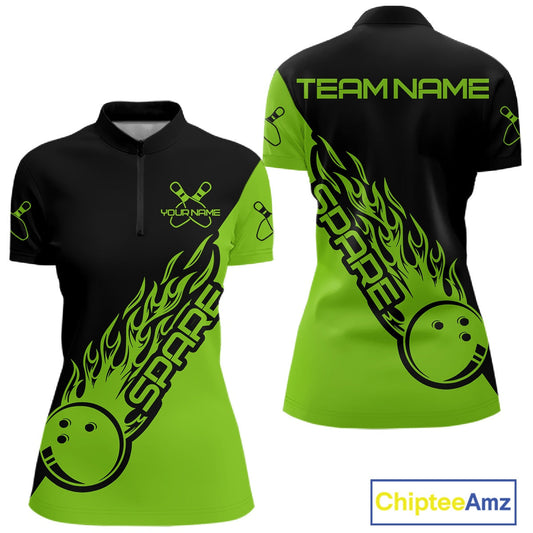 Custom Black And Green Flame Spare Bowling Women Shirts, Bowling Team League Jerseys IPHW10690