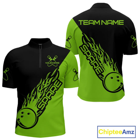Custom Black And Green Flame Spare Bowling Men Shirts, Bowling Team League Jerseys IPHW10690
