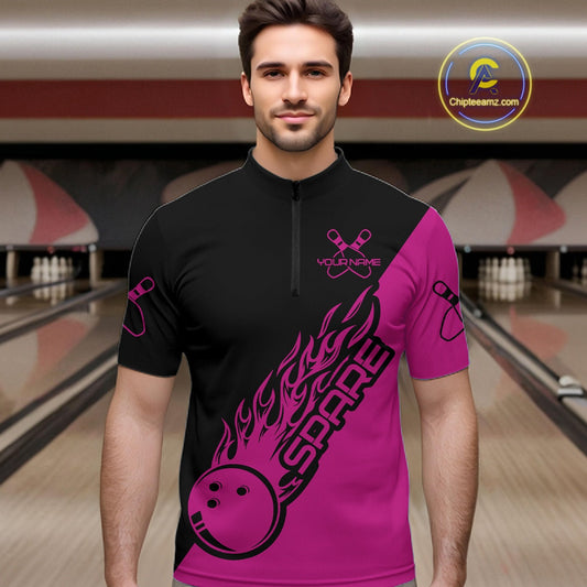 Custom Black And Pink Flame Spare Bowling Men Shirts, Bowling Team League Jerseys IPHW10691