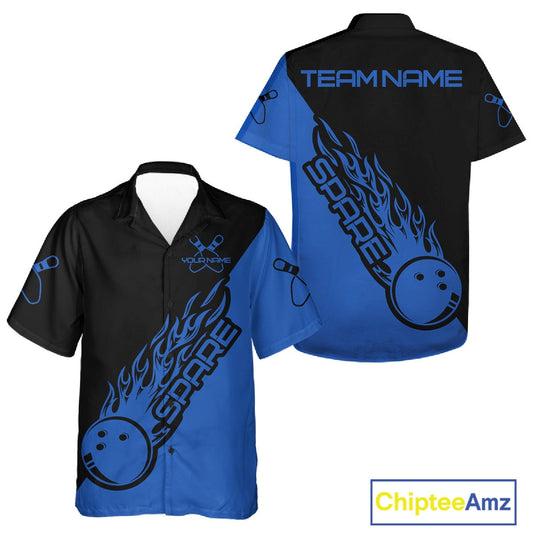 Custom Black And Blue Flame Spare Bowling Men And Women Shirts, Bowling Team League Jerseys IPHW10692