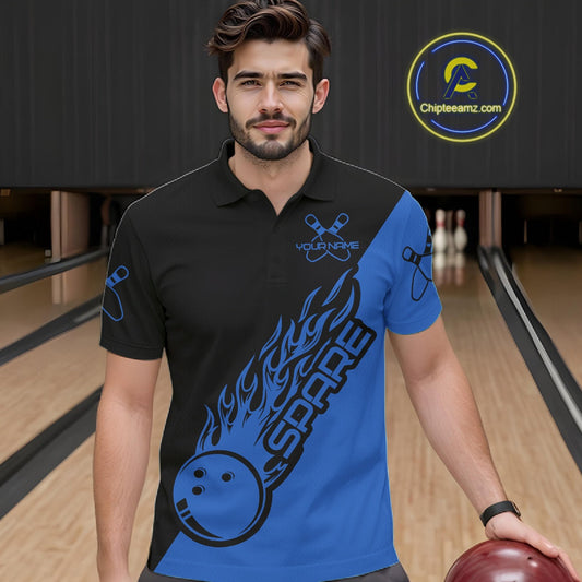 Custom Black And Blue Flame Spare Bowling Men Shirts, Bowling Team League Jerseys IPHW10692