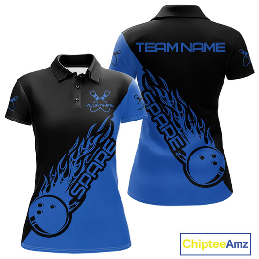 Custom Black And Blue Flame Spare Bowling Women Shirts, Bowling Team League Jerseys IPHW10692