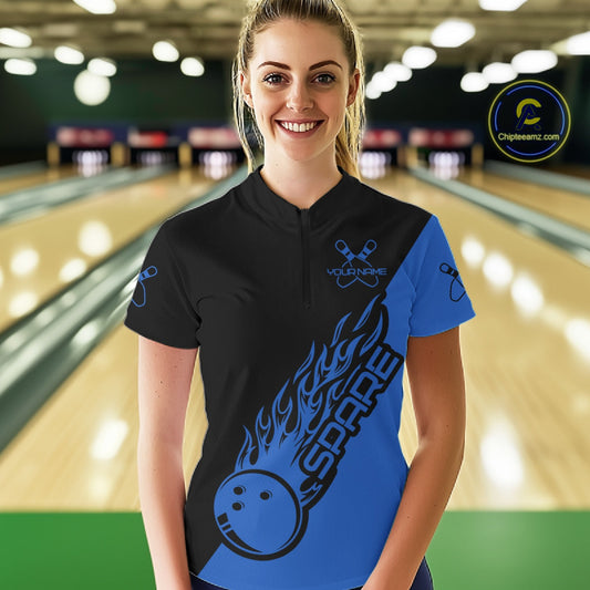 Custom Black And Blue Flame Spare Bowling Women Shirts, Bowling Team League Jerseys IPHW10692