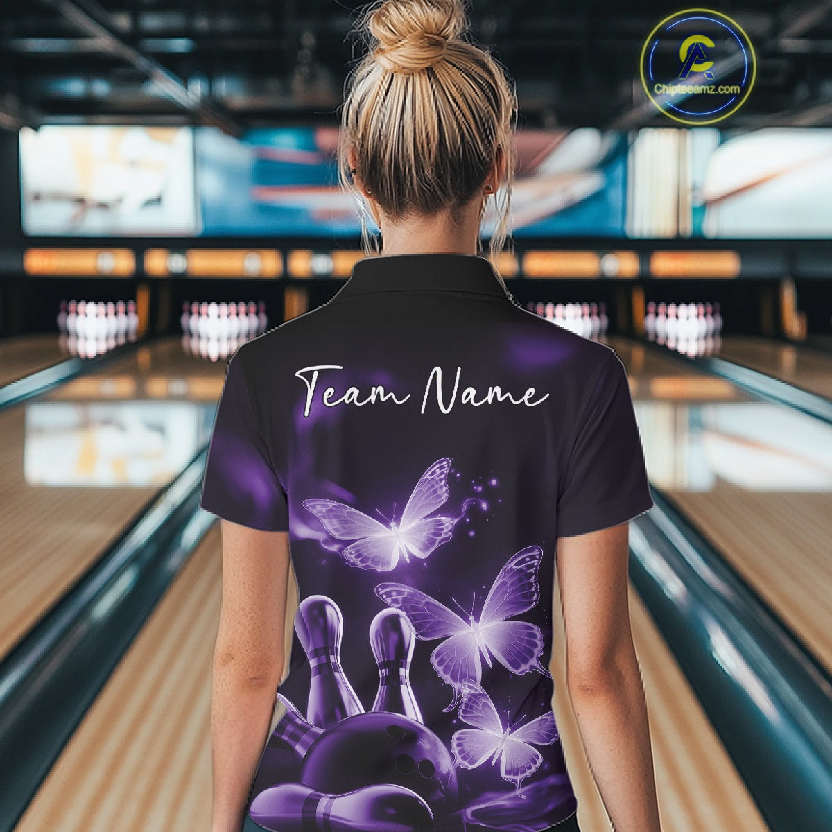 Custom Purple Butterfly Bowling Polo Shirts For Women, Bowling Team Shirt With Butterflies IPHW10700