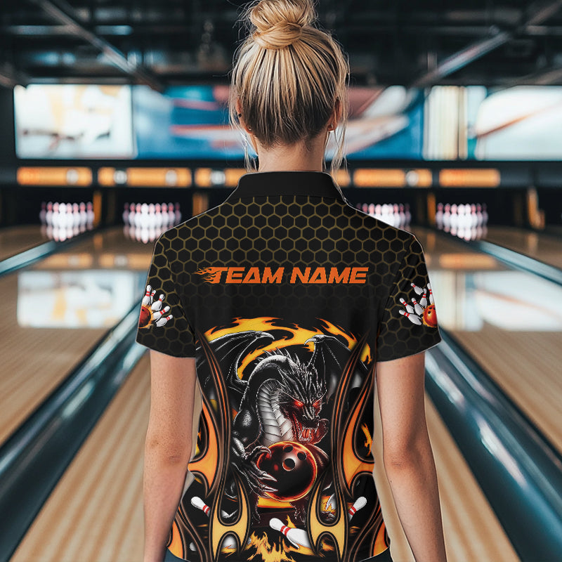 Custom Black And Yellow Flame Dragon Bowling Women Quarter-Zip Shirts, Bowling League Shirt IPHW8839