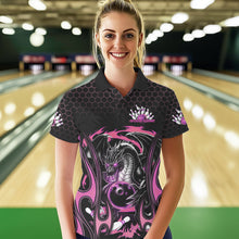 Load image into Gallery viewer, Custom Black And Pink Flame Dragon Bowling Women Polo Shirts, Team Bowling League Shirt IPHW8841
