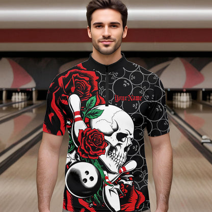 Custom Red Roses And Skull Bowling Quarter-Zip Shirts For Men, Team Bowling League Shirt IPHW8842