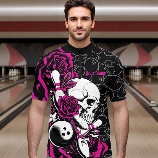 Custom Pink Roses And Skull Bowling Quarter-Zip Shirts For Men, Team Bowling League Shirt IPHW8843