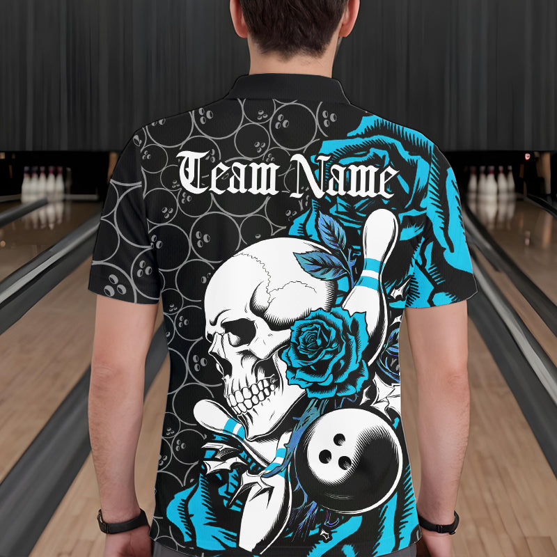 Custom Blue Roses And Skull Bowling Polo Shirts For Men, Team Bowling League Shirt IPHW8844