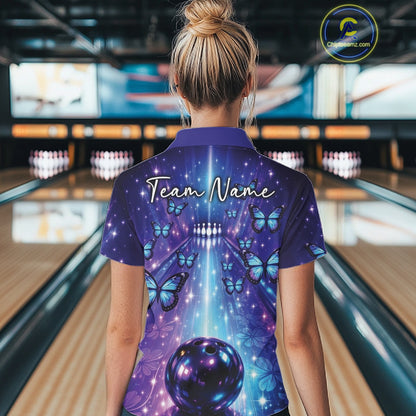 Custom Blue And Purple Galaxy Bowling Lane Butterfly Bowling Team Women Polo Shirt IPHW10913