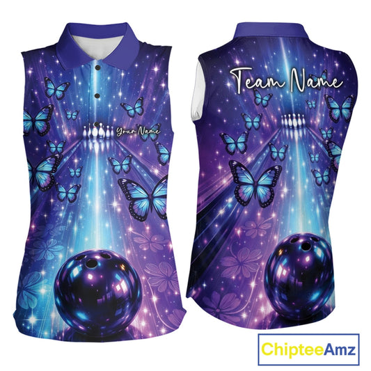 Custom Blue And Purple Galaxy Bowling Lane Butterfly Bowling Team Women Sleeveless Polo Shirt IPHW10913
