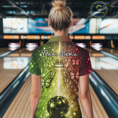 Custom Red And Green Galaxy Bowling Lane Butterfly Bowling Team Women Polo Shirt IPHW10914