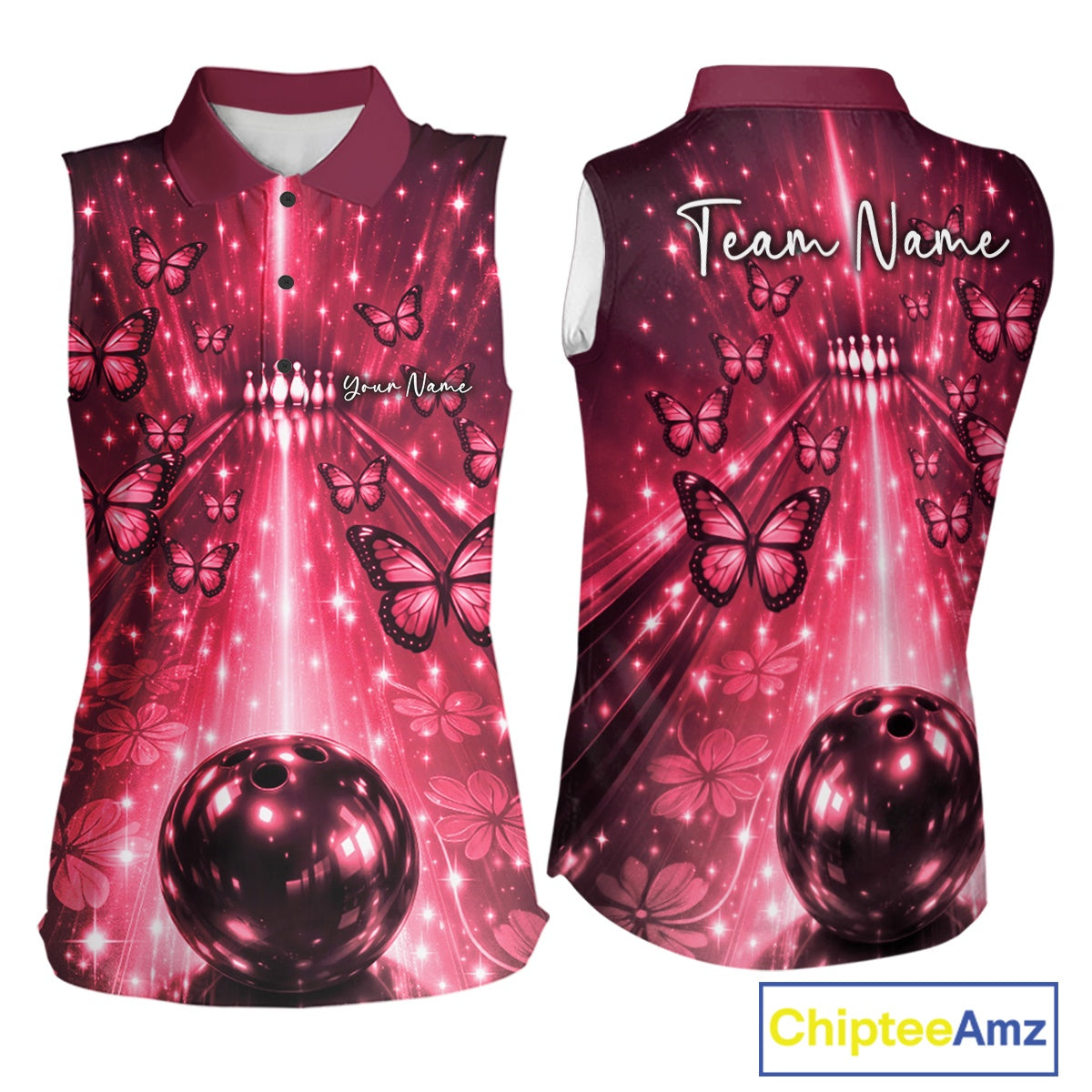Custom Red Galaxy Bowling Lane Butterfly Bowling Team Women Sleeveless Polo Shirt IPHW10916