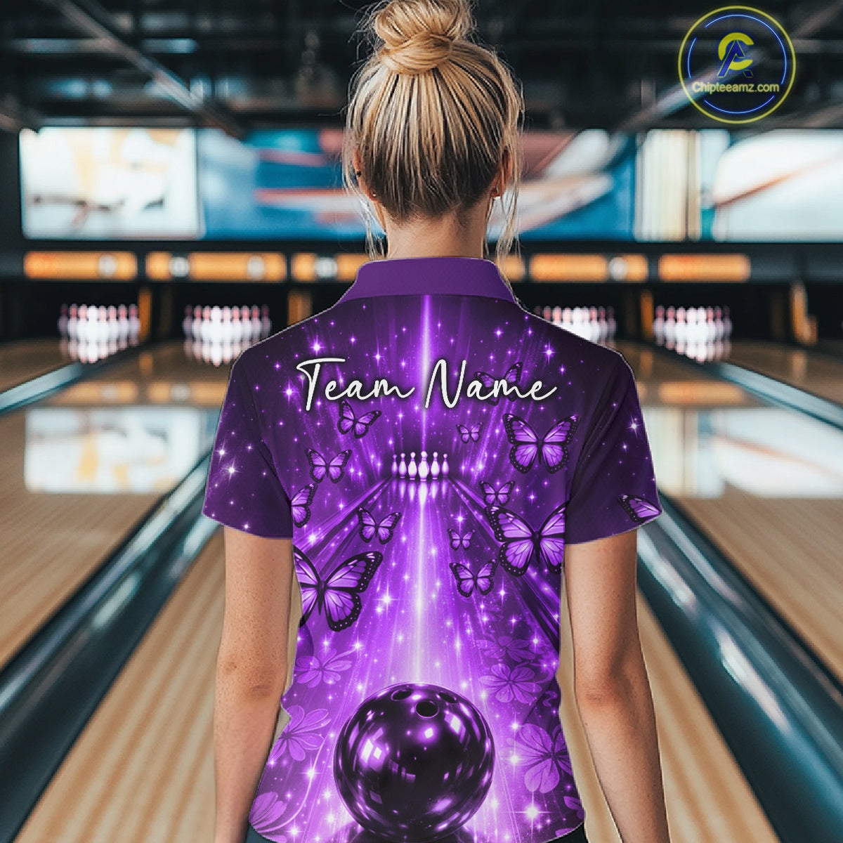 Custom Purple Galaxy Bowling Lane Butterfly Bowling Team Women Quarter-Zip Shirt IPHW10917