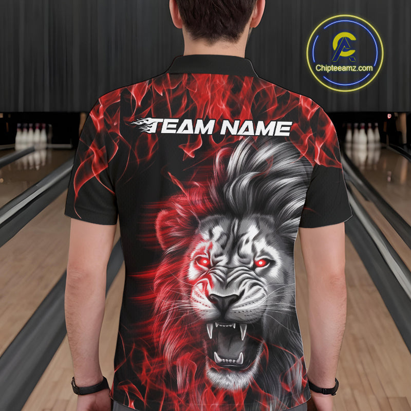 Custom Red Flame Lion Bowling Polo Team Shirts For Men, Lion Bowling League Shirt IPHW9326