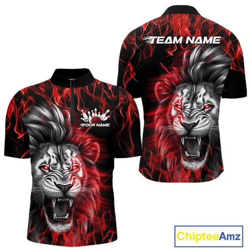 Custom Red Flame Lion Bowling Quarter-Zip Team Shirts For Men, Lion Bowling League Shirt IPHW9326