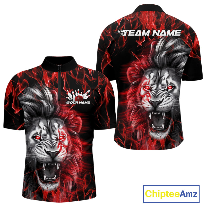 Custom Red Flame Lion Bowling Quarter-Zip Team Shirts For Men, Lion Bowling League Shirt IPHW9326