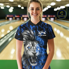 Load image into Gallery viewer, Custom Blue Flame Lion Bowling Quarter-Zip Team Shirt For Women, Bowling League Shirt IPHW9327
