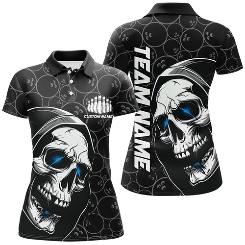 Custom Halloween Skull Bowling Shirts For Women, Personalized Bowling League Shirts | Blue IPHW7078