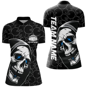 Custom Halloween Skull Bowling Shirts For Women, Personalized Bowling League Shirts | Blue IPHW7078