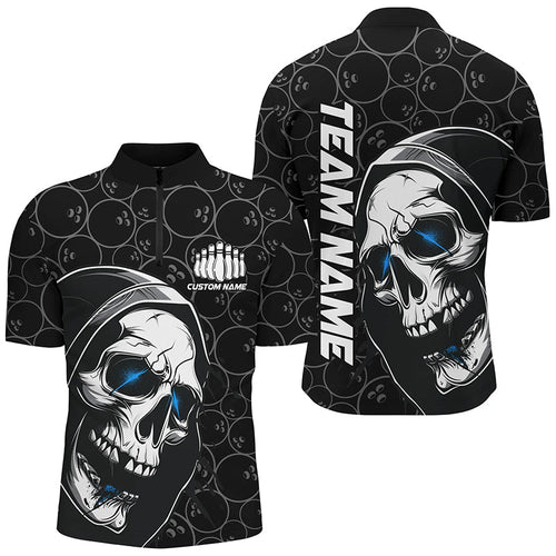 Custom Halloween Skull Bowling Shirts For Men, Personalized Bowling League Shirts | Blue IPHW7078