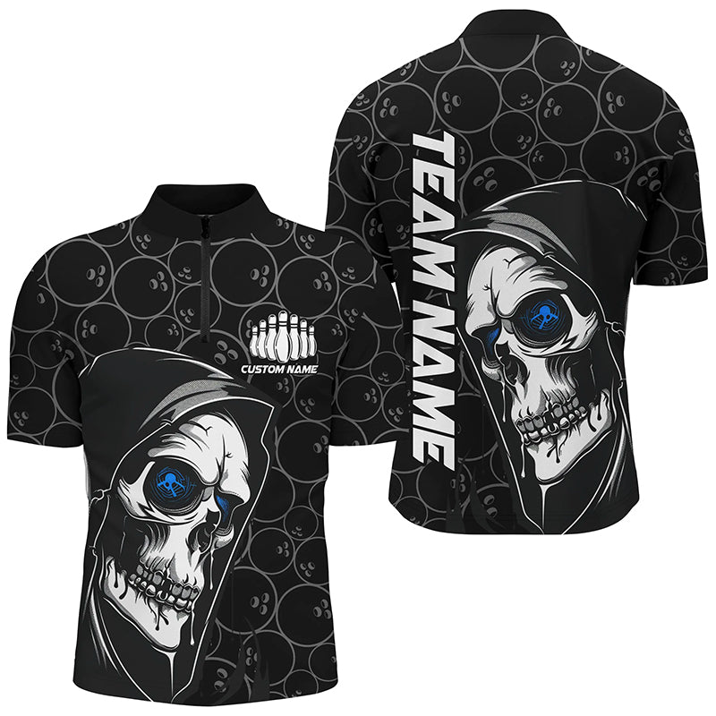 Custom Halloween Skull Bowling Shirts For Men, Personalized Bowling League Shirts | Blue IPHW7081