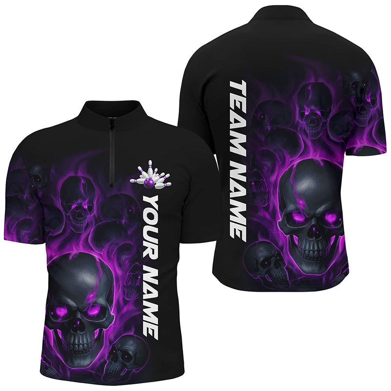 Purple Smoke Flame Custom Skull Bowling Shirts  For Men, Bowling Team Uniform Halloween Outfit IPHW7391