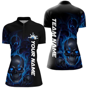 Blue Smoke Flame Custom Skull Ladies Bowling Shirts, Bowling Team Uniform Halloween Outfit IPHW7392