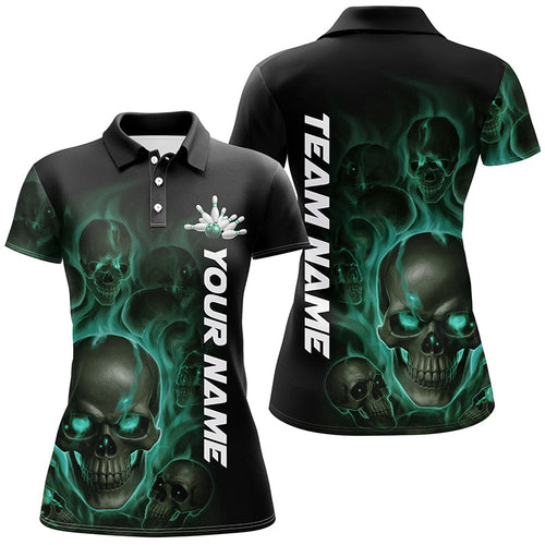 Green Smoke Flame Custom Skull Ladies Bowling Shirts, Bowling Team Uniform Halloween Outfit IPHW7393